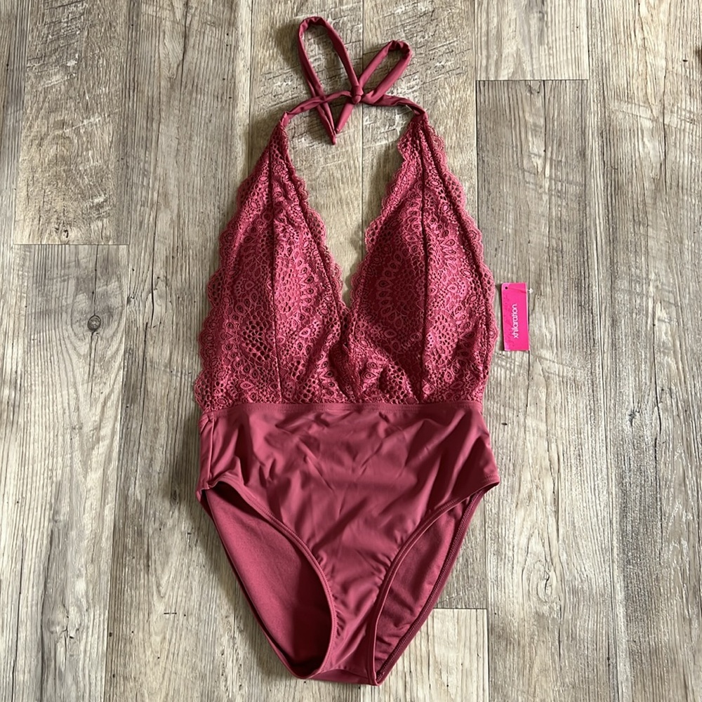 NWT Xhilaration Mauve Lace Detail One Piece Swimsuit.